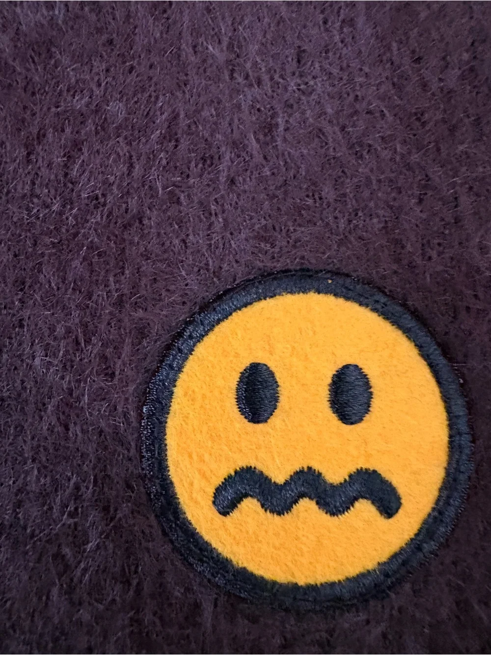 EMPYRE Frizzle Brown Cardigan w / Frown Face Emoji Patch Men’s Medium Fuzzy